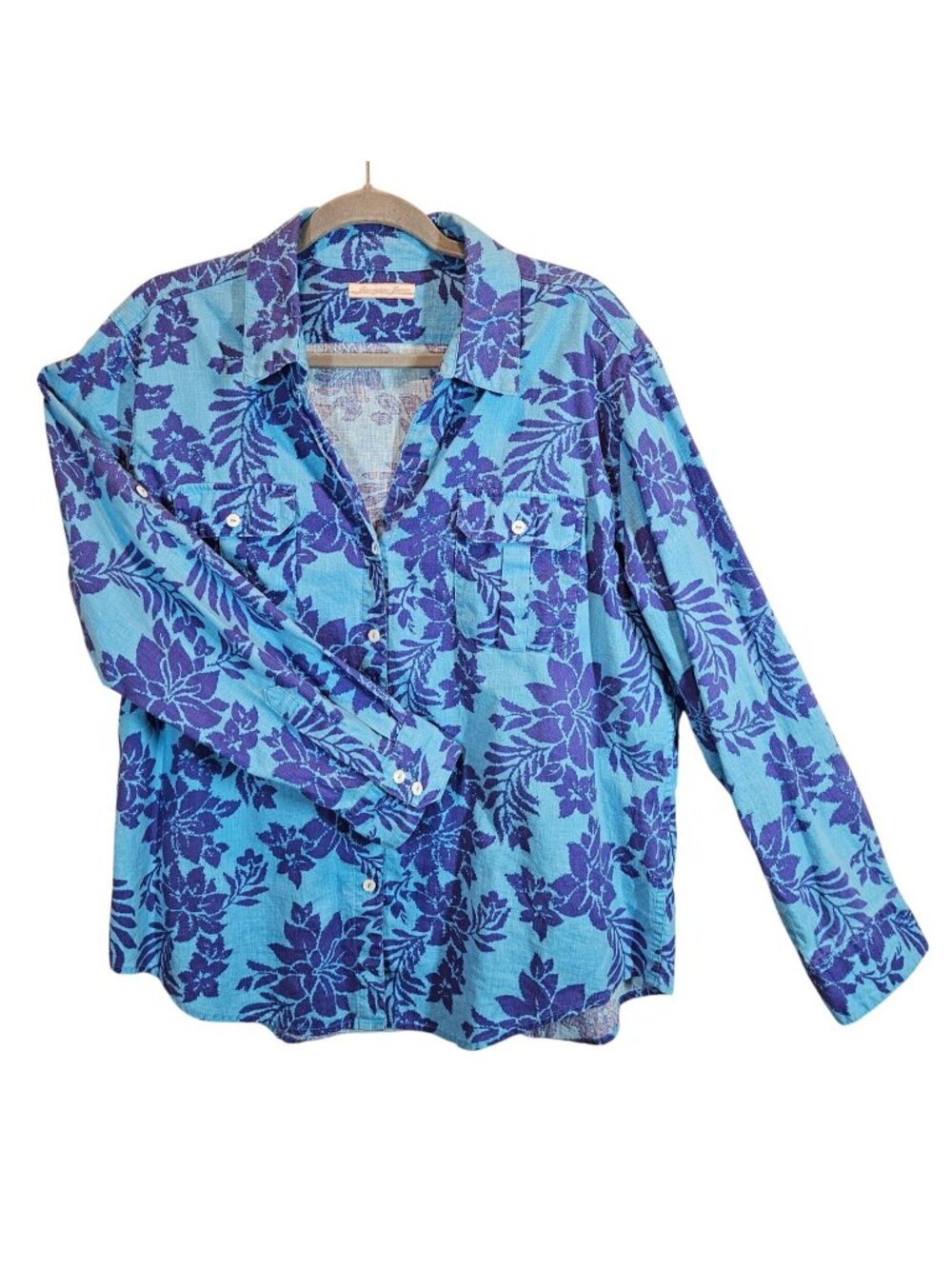 Jamaica Jaxx Linen Blend Tropical Shirt Womens XL Blue Purple Floral Lightweight